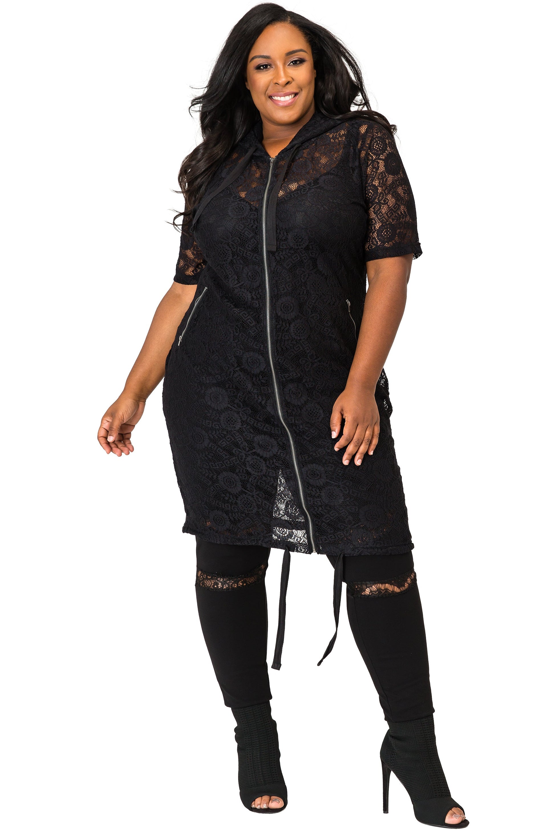 Poetic Justice Plus Size Curvy Women's Athletic Stripe Black Lace Long Hoodie