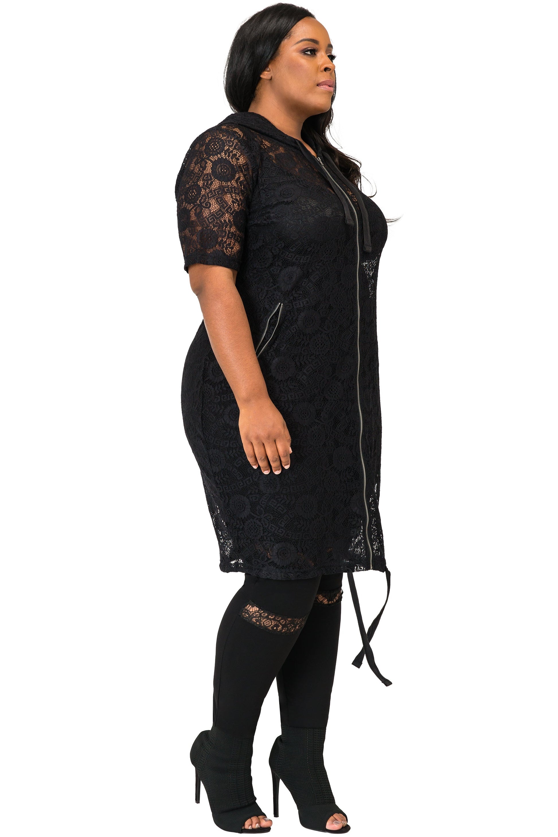 Poetic Justice Plus Size Curvy Women's Athletic Stripe Black Lace Long Hoodie