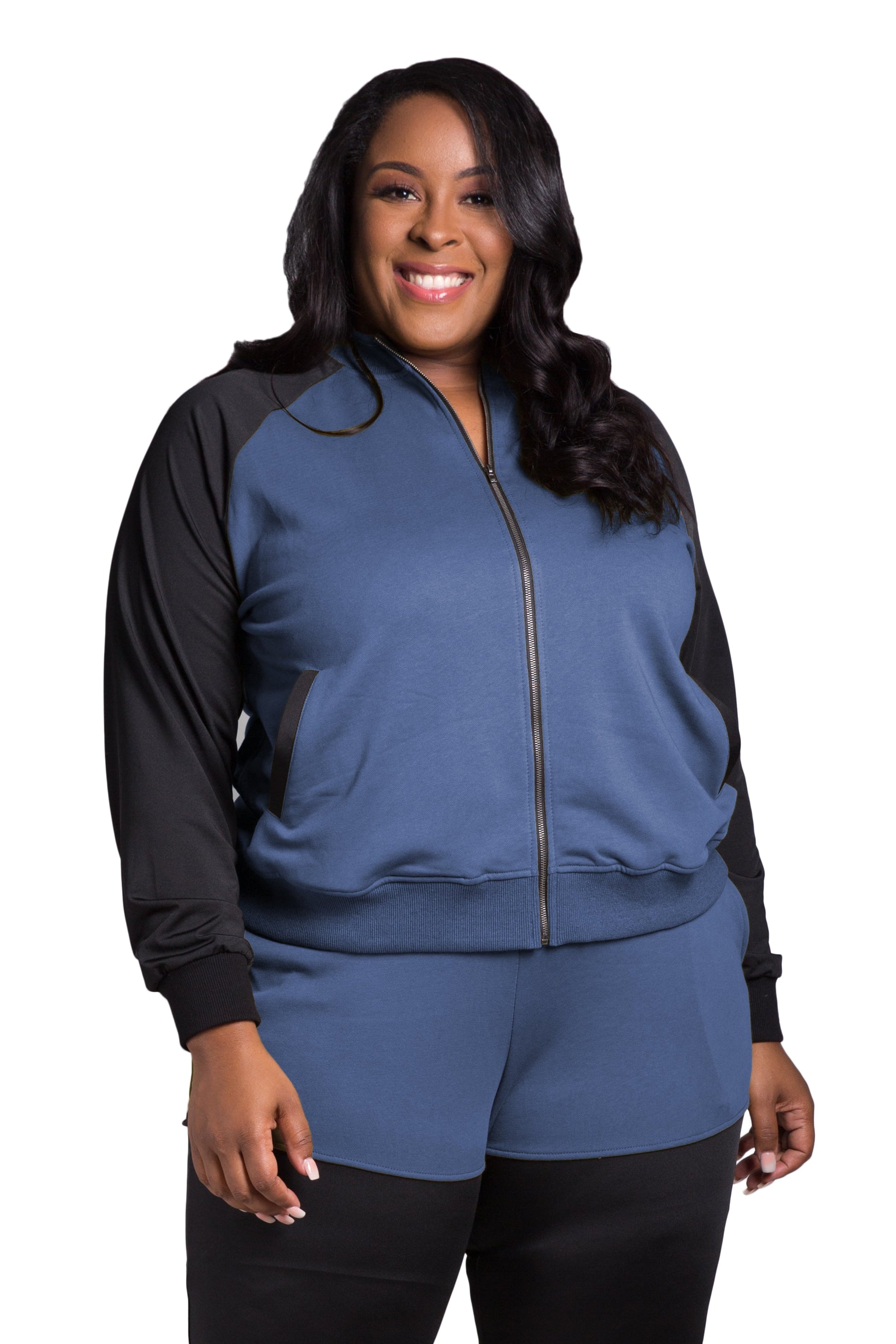 Poetic Justice Women's Plus Size Zip Up Conrast Blocked Sweatshirt Jacket