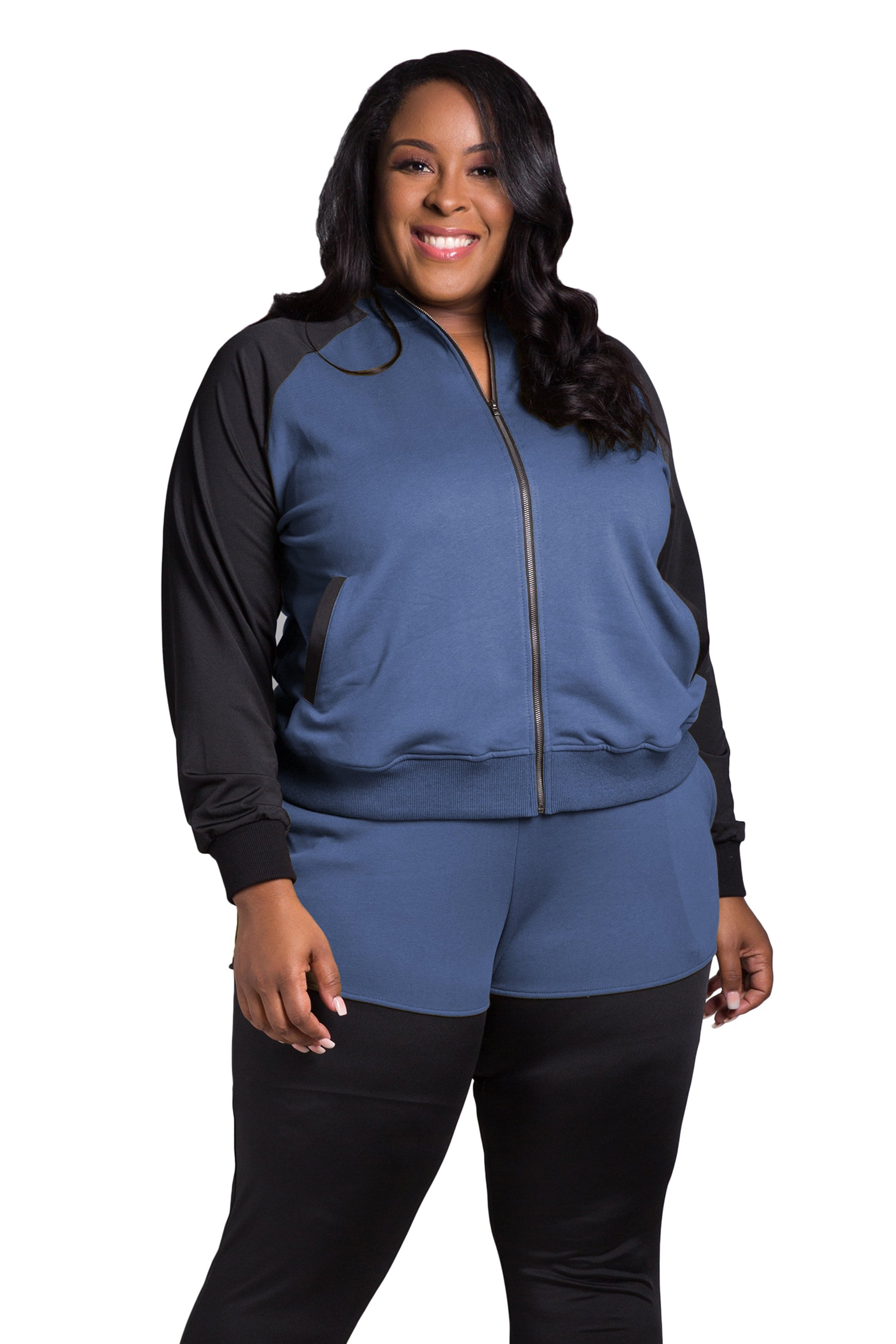 Poetic Justice Women's Plus Size Zip Up Conrast Blocked Sweatshirt Jacket