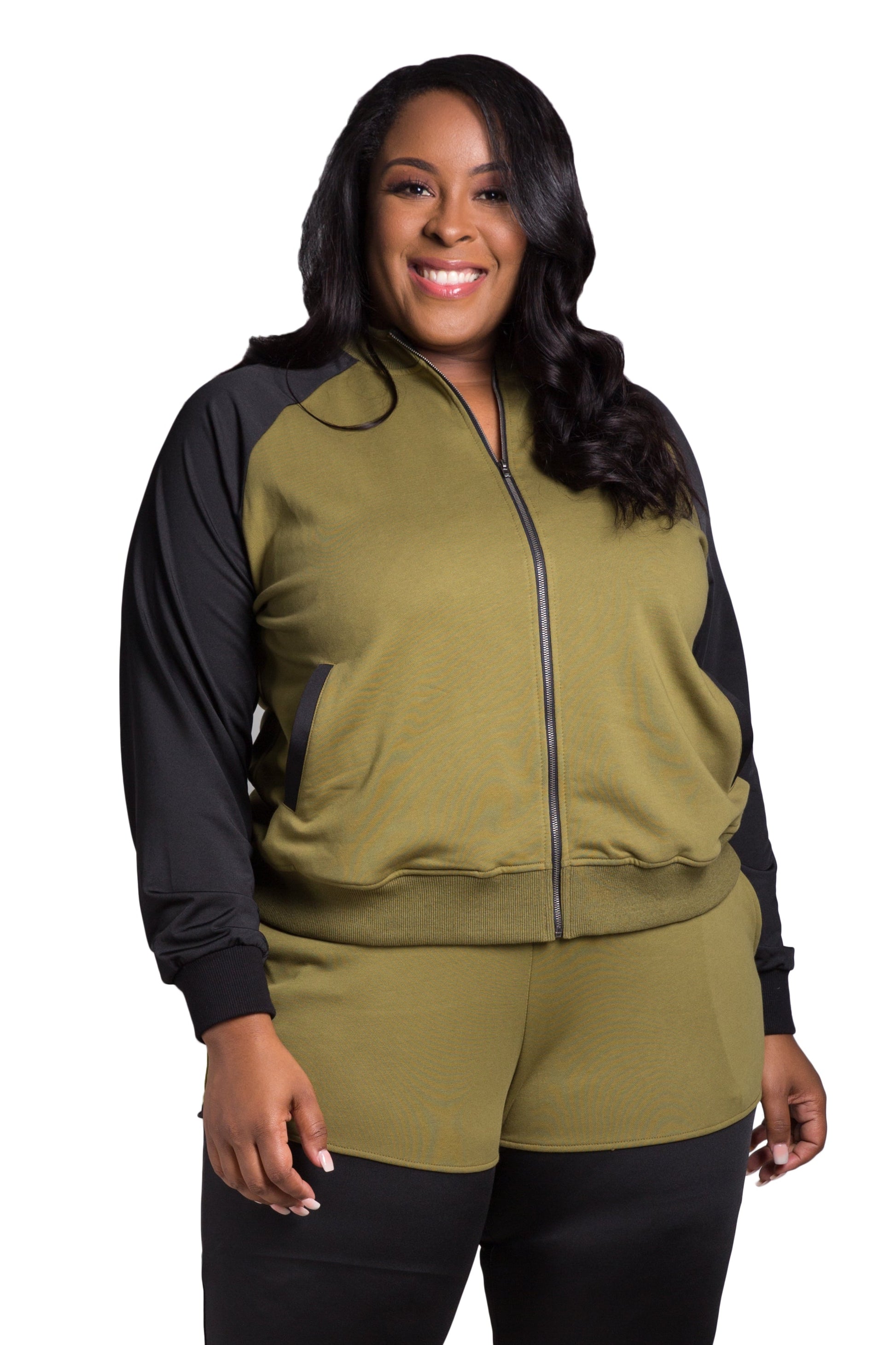 Poetic Justice Women's Plus Size Zip Up Conrast Blocked Sweatshirt Jacket