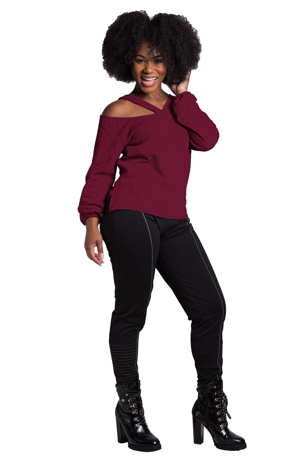 Poetic Justice Women's V Self Straps Off Shoulder Long Sleeve Top