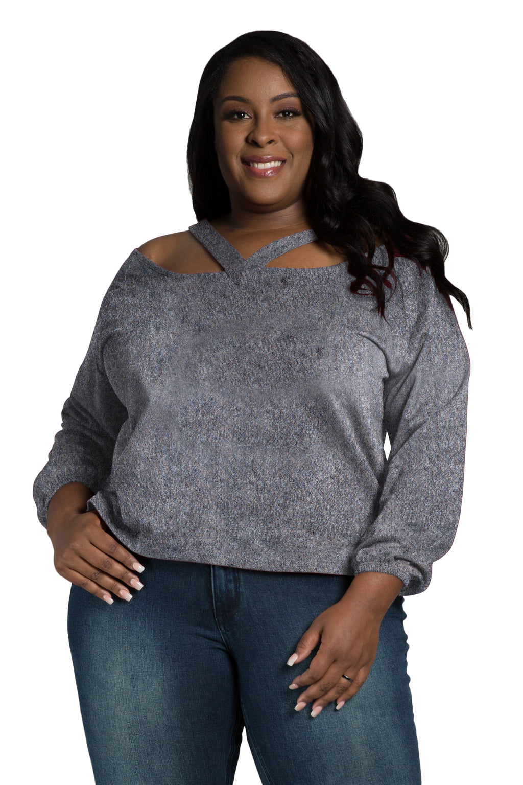 Poetic Justice Women's Plus Size V Self Straps Off Shoulder Long Sleeve Top