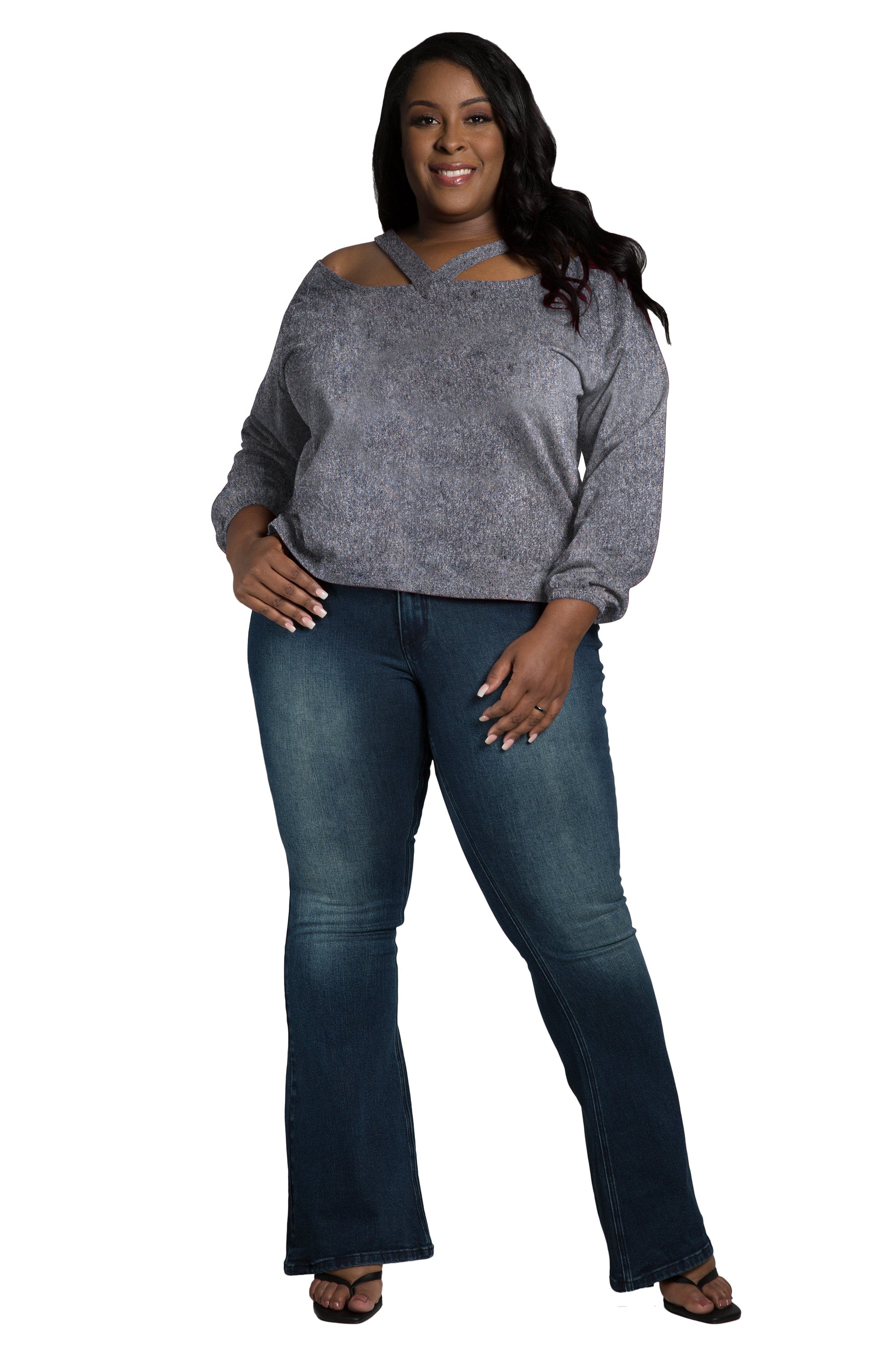 Poetic Justice Women's Plus Size V Self Straps Off Shoulder Long Sleeve Top
