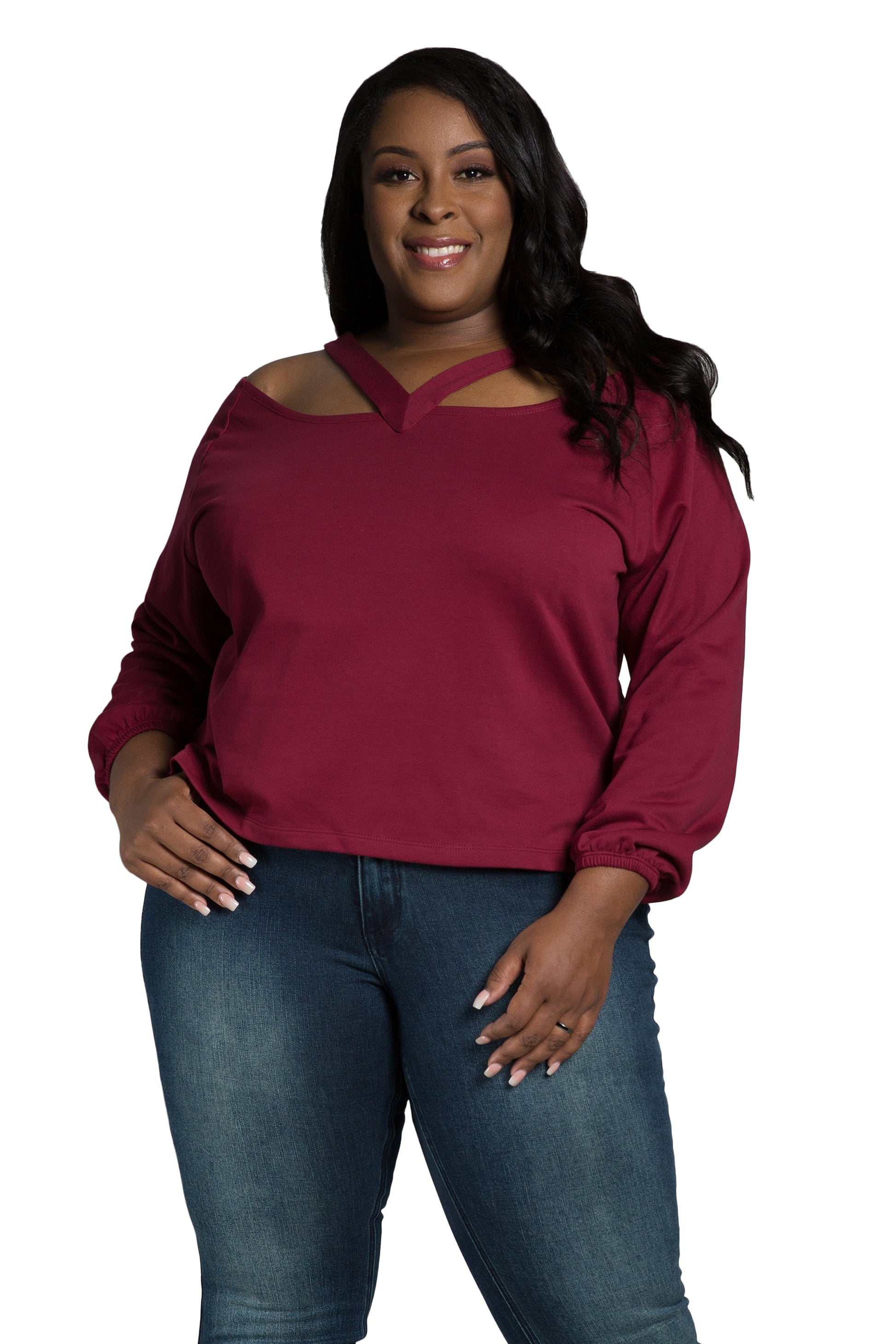 Poetic Justice Women's Plus Size V Self Straps Off Shoulder Long Sleeve Top