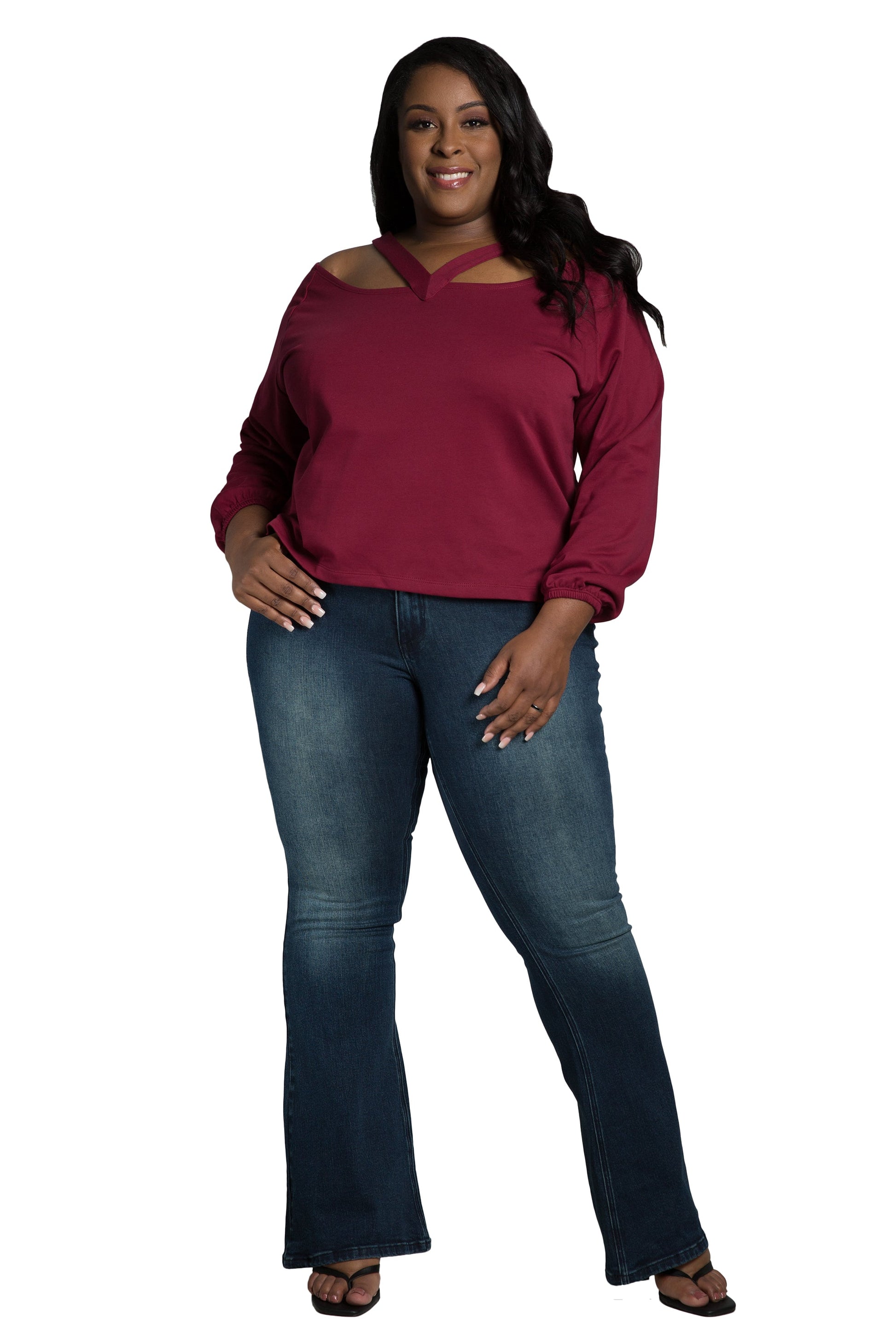 Poetic Justice Women's Plus Size V Self Straps Off Shoulder Long Sleeve Top