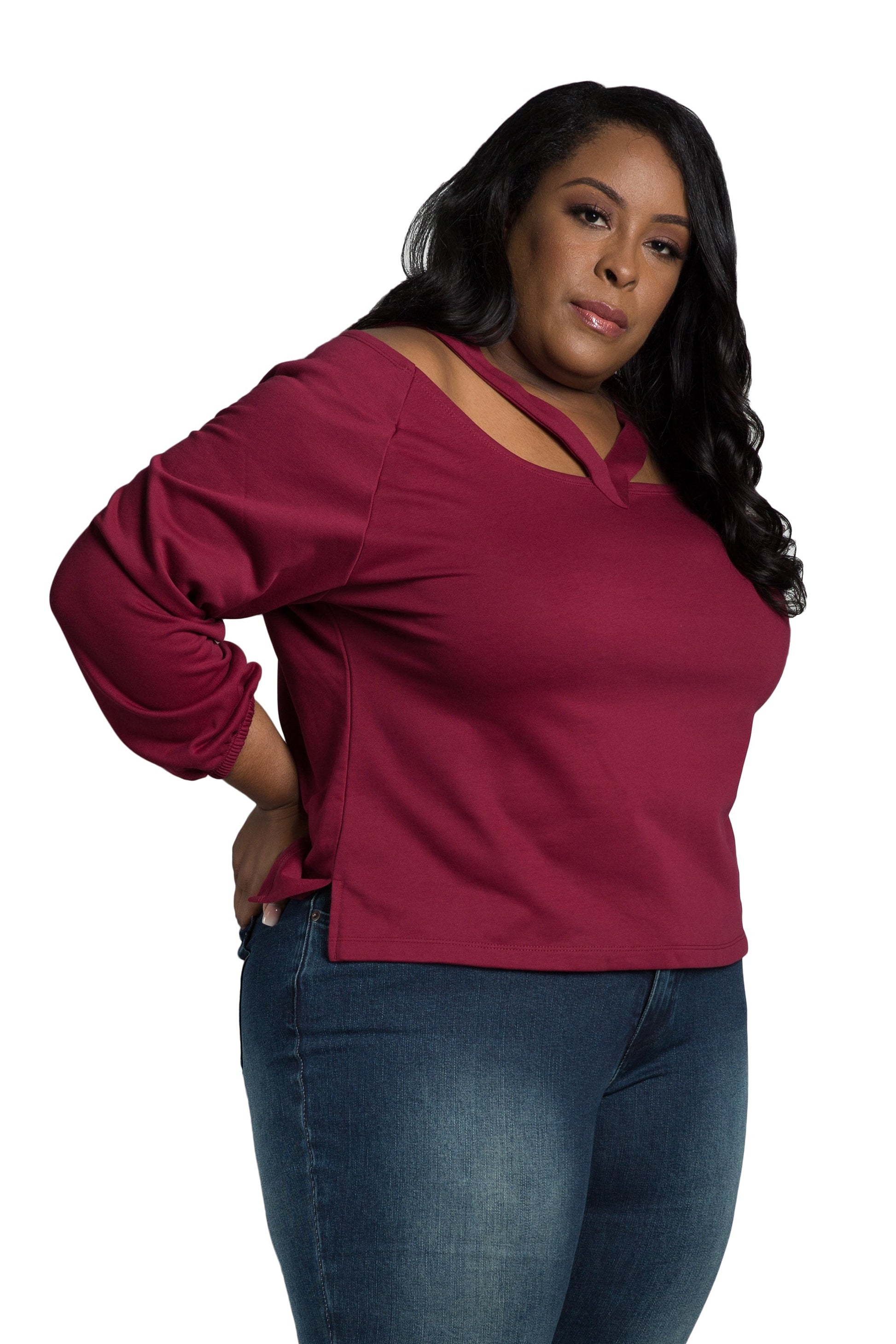 Poetic Justice Women's Plus Size V Self Straps Off Shoulder Long Sleeve Top