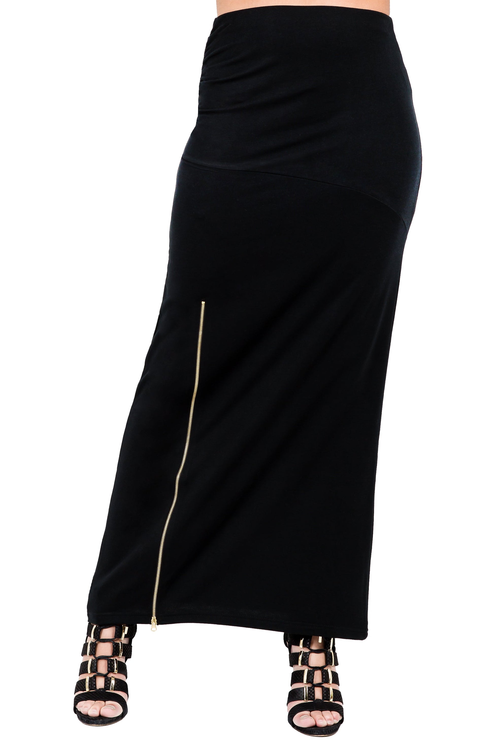 Poetic Justice Curvy Women's Black Stretch Maxi Skirt With Zip Up Split
