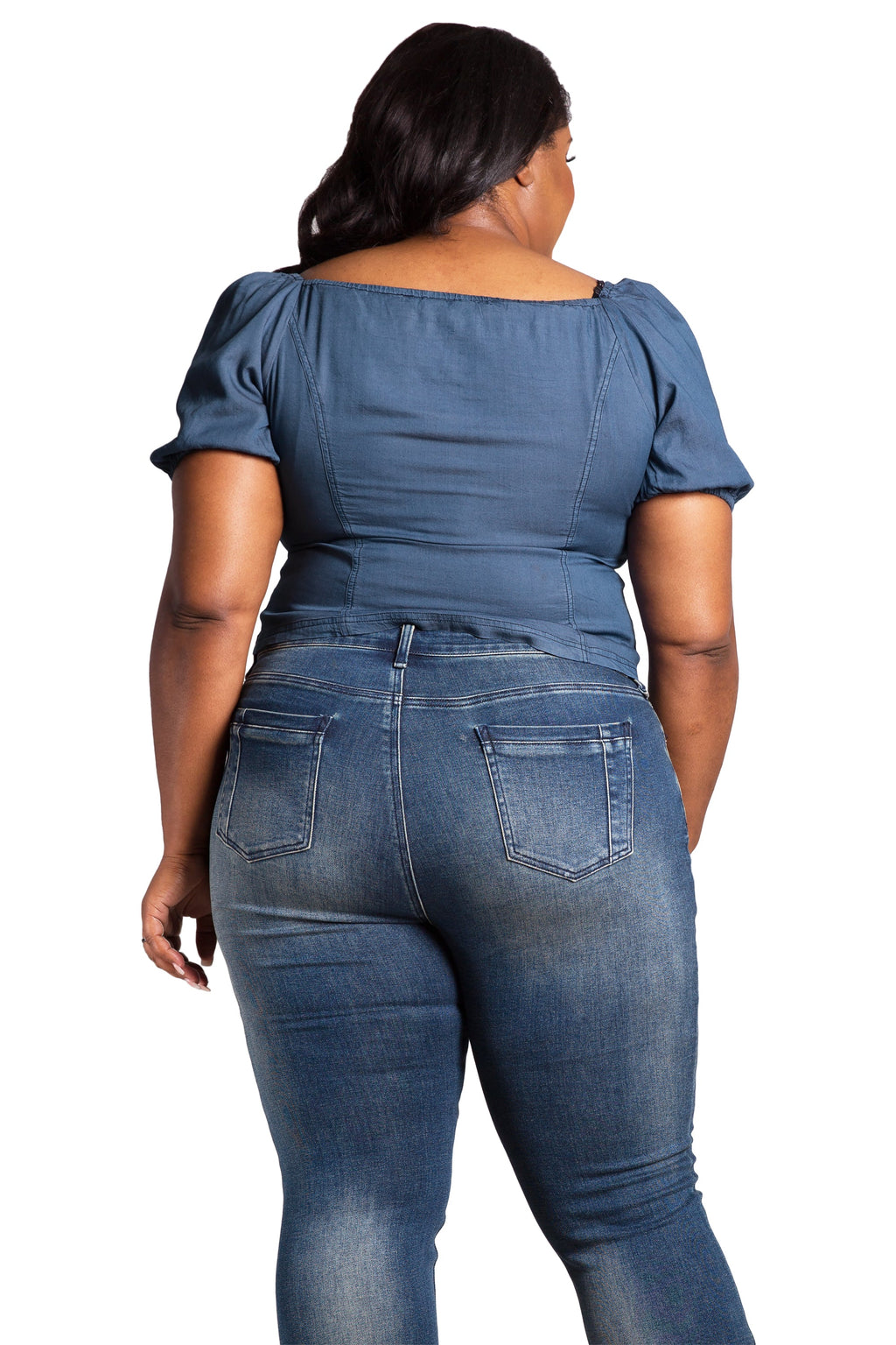 Poetic Justice Women's Plus Size Zip Front Puff Sleeves Tencel Corset Top
