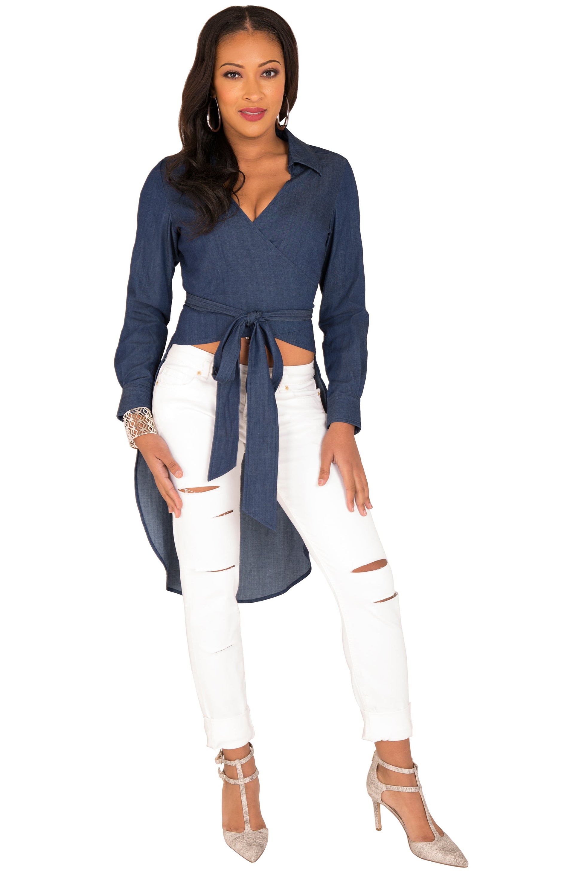 Poetic Justice Curvy Women's Tencel Denim High-Low Wrap Shirt With Fishtail