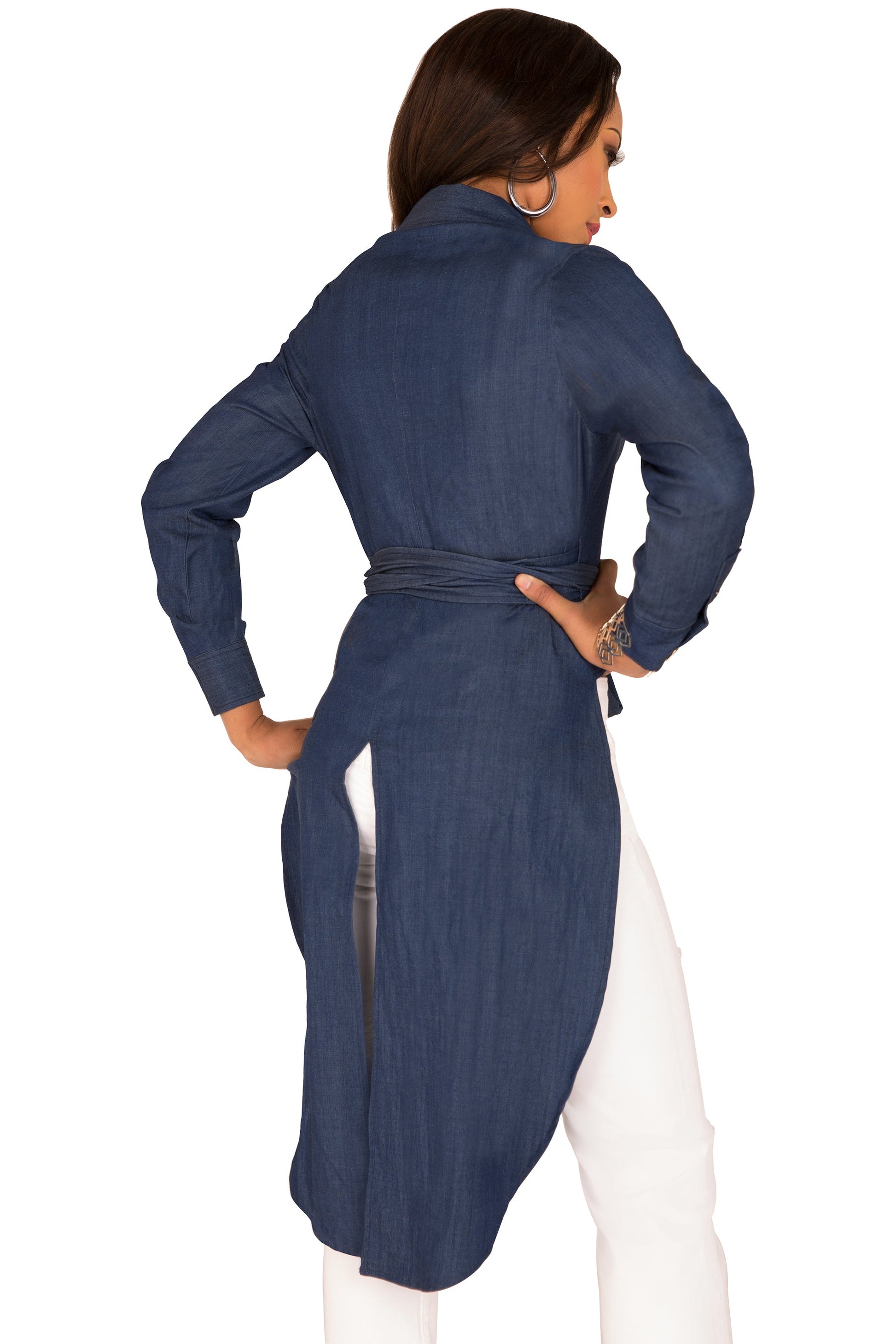 Poetic Justice Curvy Women's Tencel Denim High-Low Wrap Shirt With Fishtail