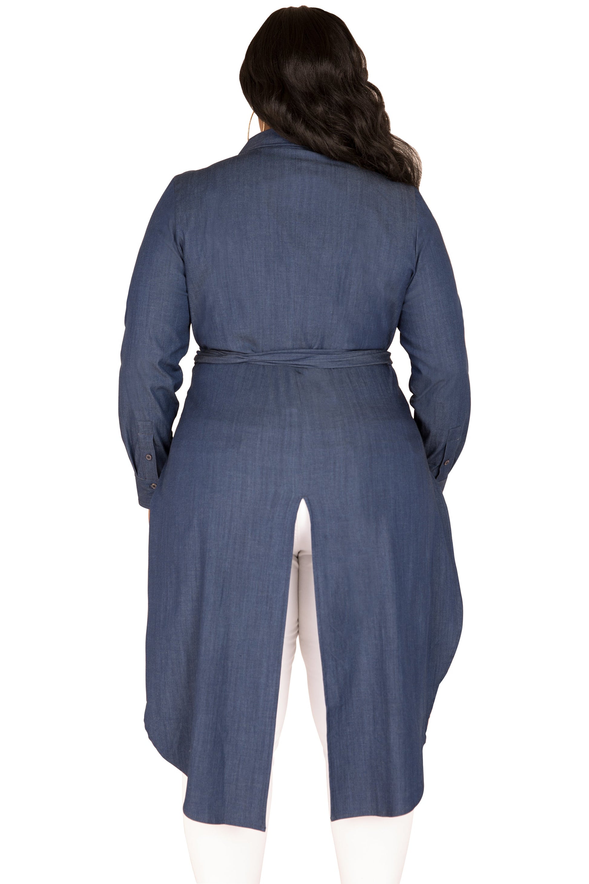 Poetic Justice Curvy Women's Fishtail Tencel Denim High-Low Wrap Shirt