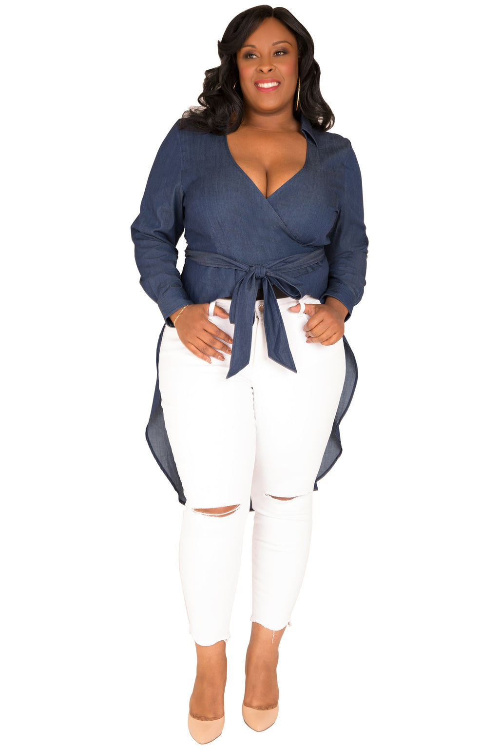 Poetic Justice Curvy Women's Fishtail Tencel Denim High-Low Wrap Shirt