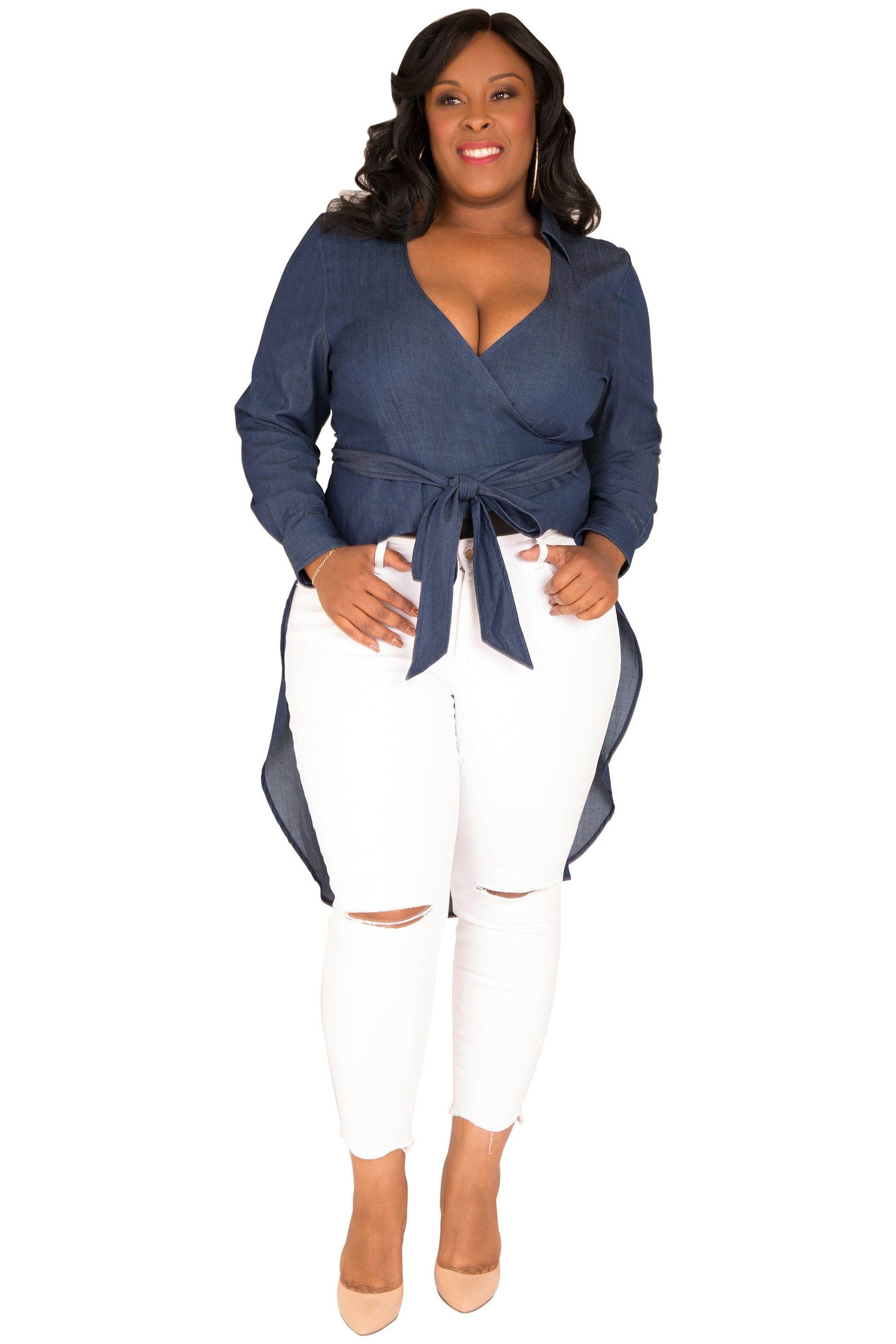 Poetic Justice Curvy Women's Fishtail Tencel Denim High-Low Wrap Shirt