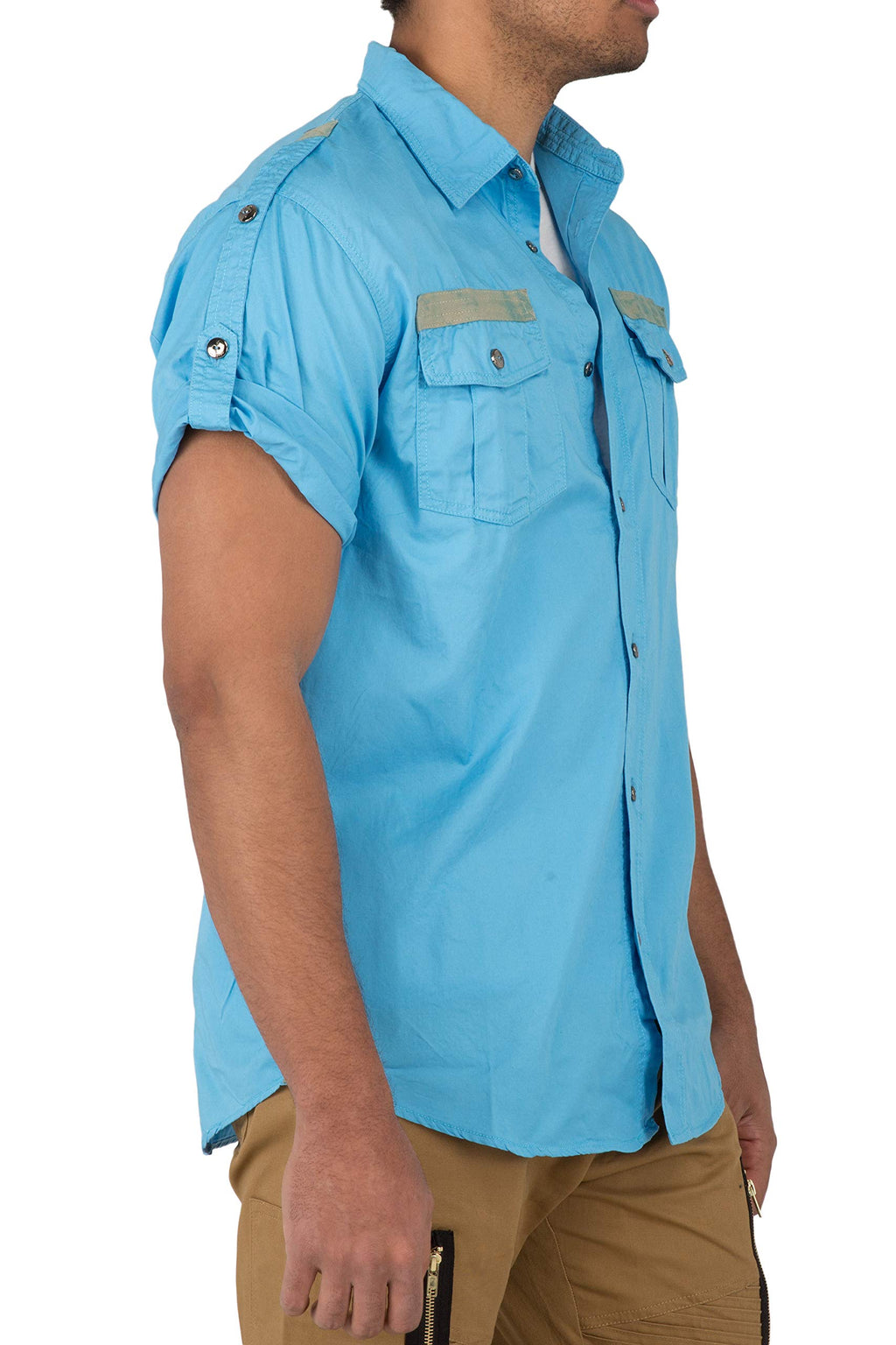 VIBES Mens Military Style Epaulette and Taping Roll Up Short Sleeve Shirt