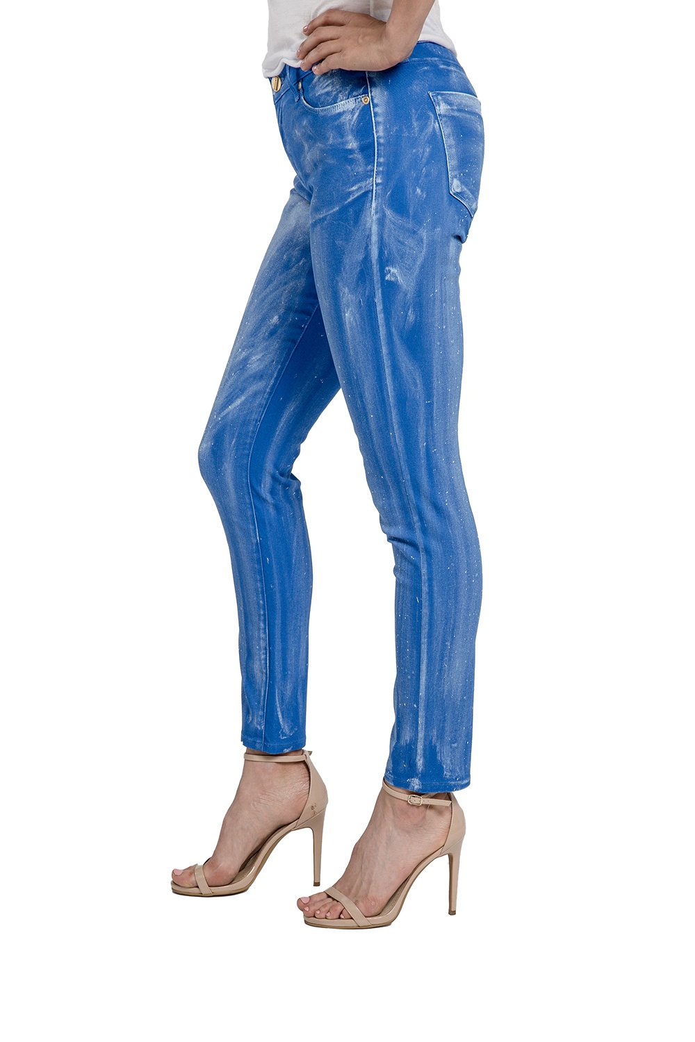 Miss Halladay Women Cobalt Blue Stretch Denim Skinny Cropped Jeans Bleached Coated