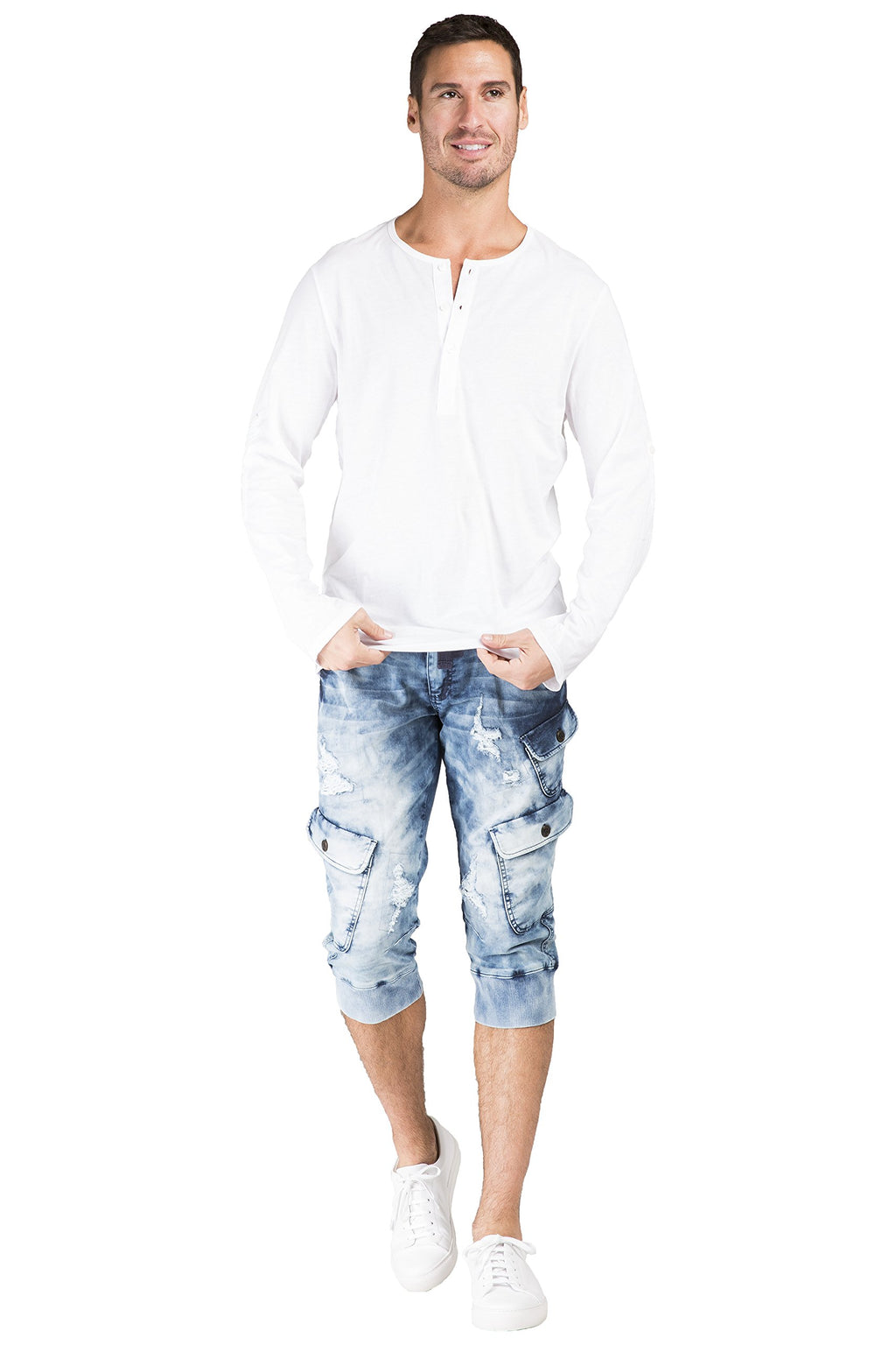 Level 7 Mens Cargo Pocket Premium Knit Denim Jogger Capri Shorts Distressed Cloud Bleach 18 Inch Inseam