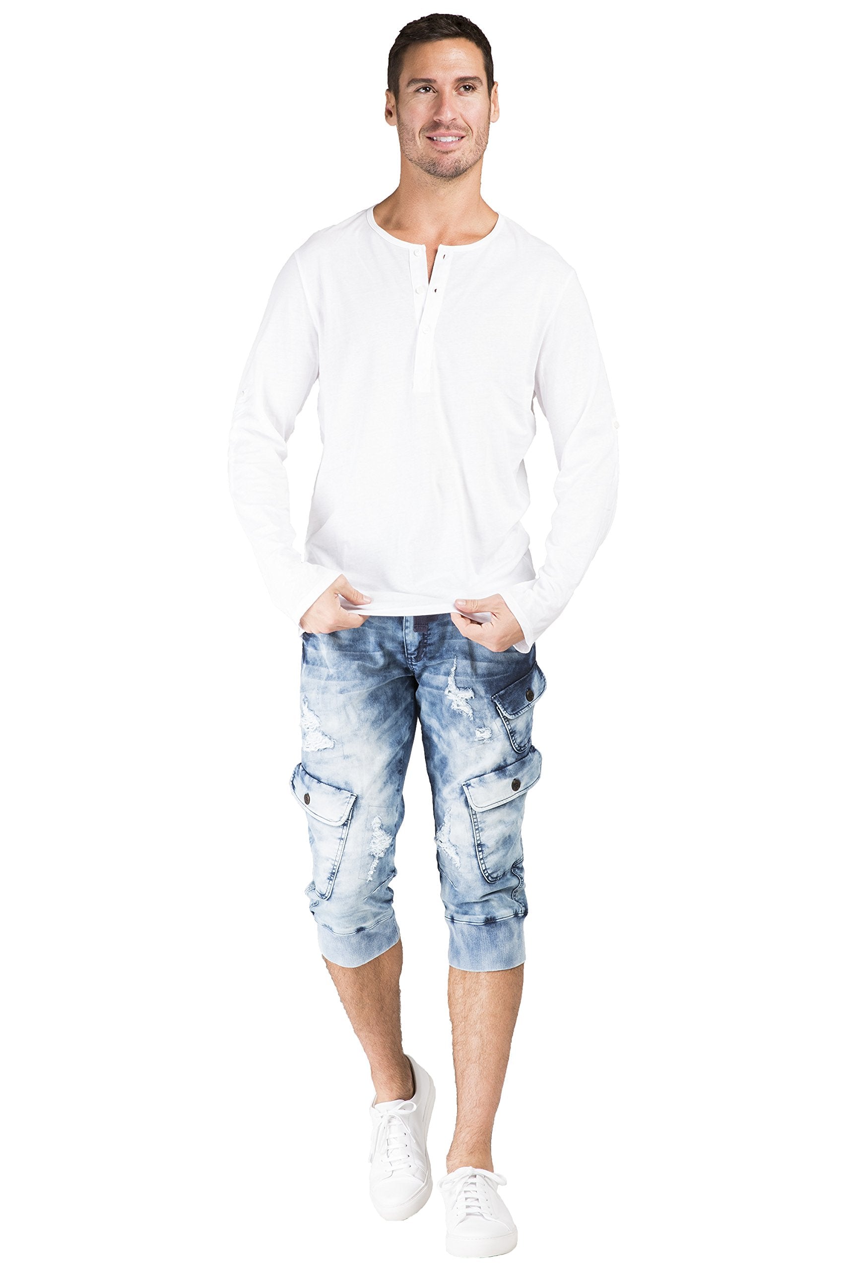 Level 7 Mens Cargo Pocket Premium Knit Denim Jogger Capri Shorts Distressed Cloud Bleach 18 Inch Inseam
