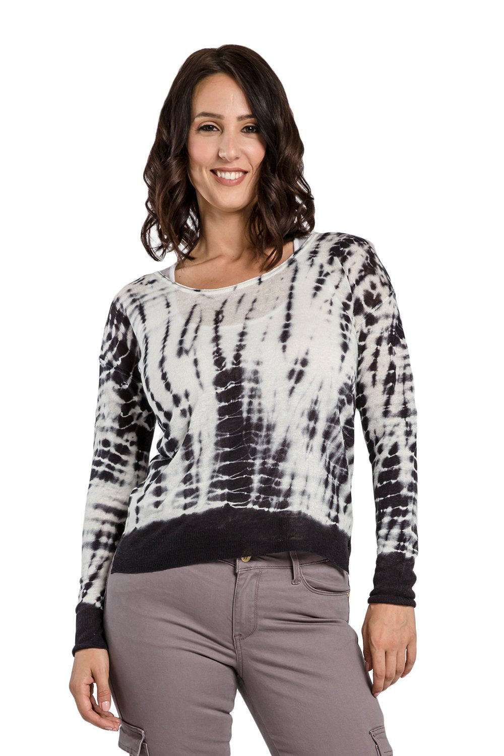 Miss Halladay Womens Hacci Knit White Black Tie Dyed Sweater Scoop Neck Side Slits