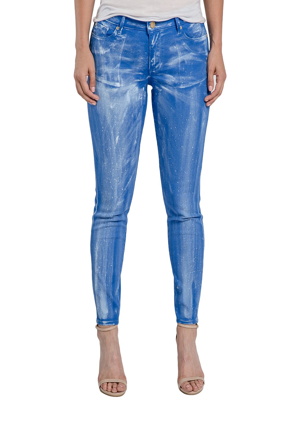 Miss Halladay Women Cobalt Blue Stretch Denim Skinny Cropped Jeans Bleached Coated