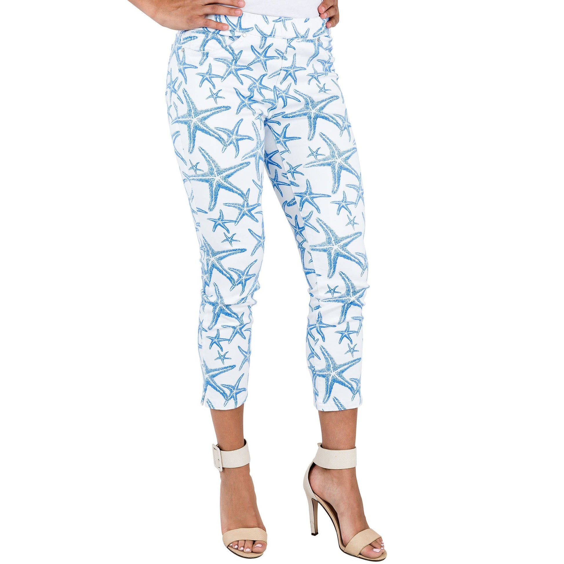 Miss Halladay Women's White Stretch Twill Slim Capri Jegging Beachy Star Printed