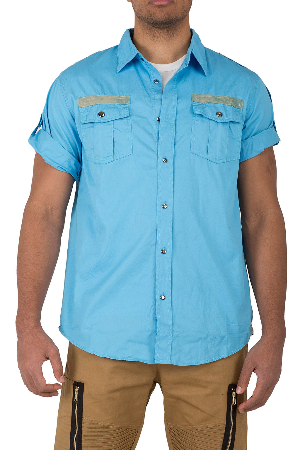 VIBES Mens Military Style Epaulette and Taping Roll Up Short Sleeve Shirt
