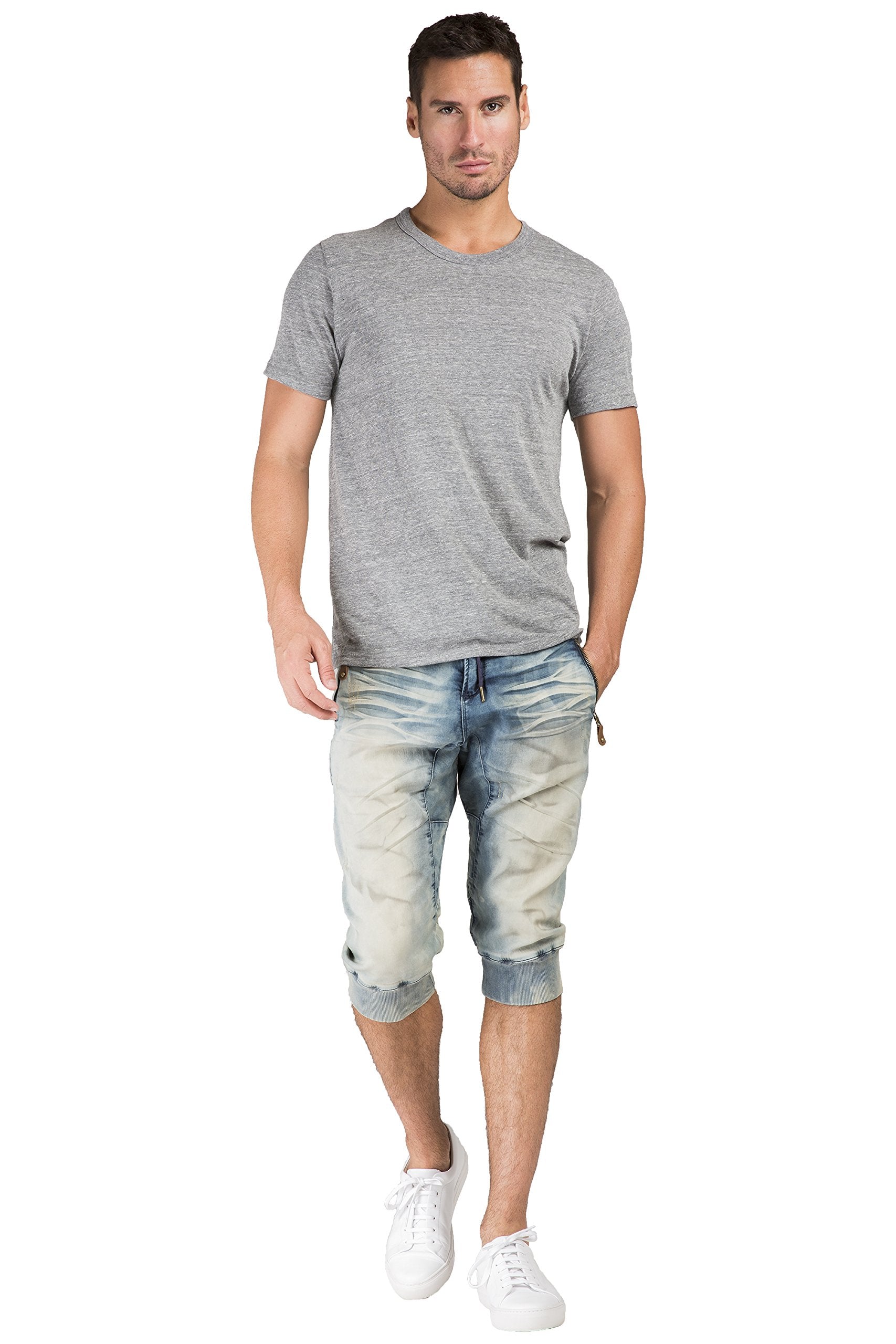 Level 7 Men's Premium Jogger Capri Knit Denim Shorts Tinted Clouded Blue 18" Inseam