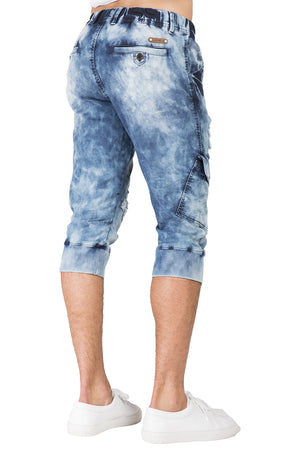 Level 7 Mens Cargo Pocket Premium Knit Denim Jogger Capri Shorts Distressed Cloud Bleach 18 Inch Inseam