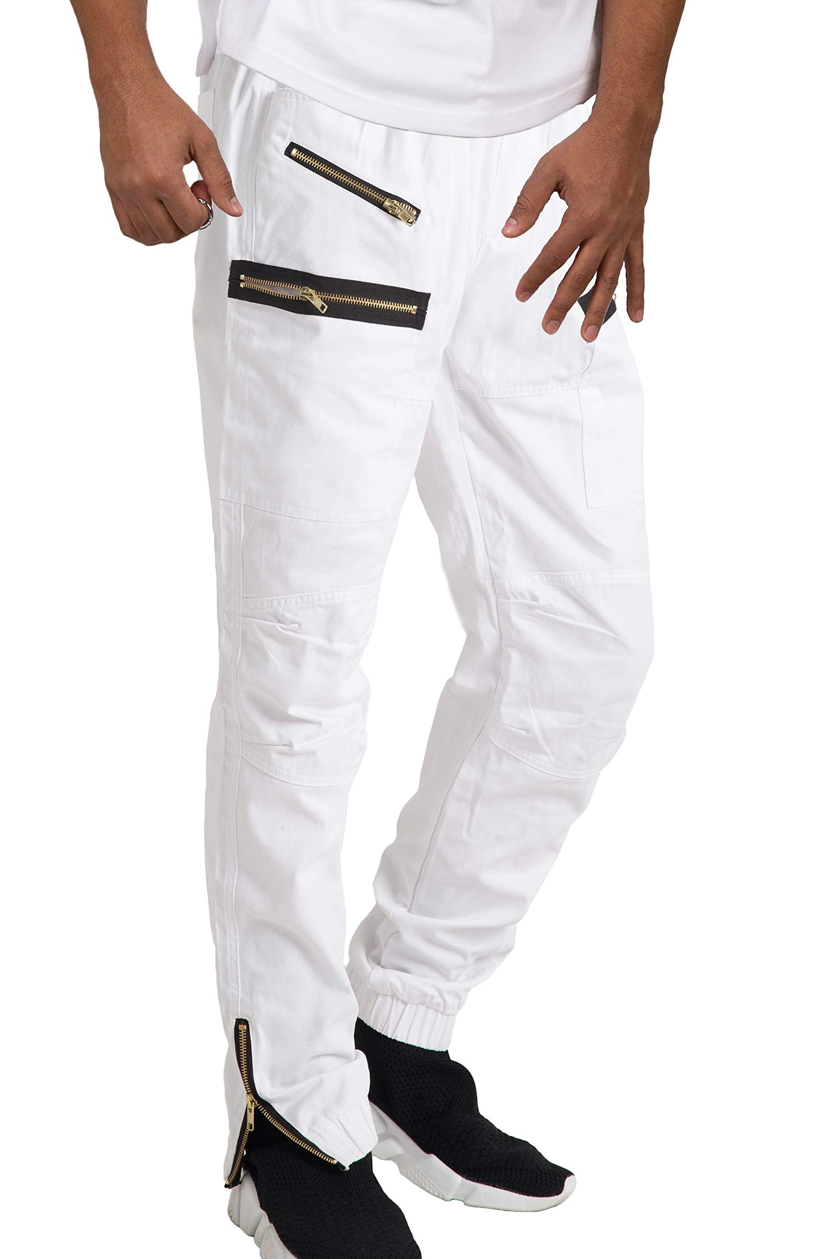 VIBES Men's Twill Moto Zipper Cargo Pocket Zipper Leg Open Jogger Pants