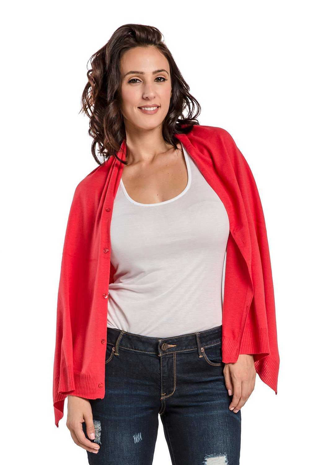 Miss Halladay Women's Fine Gauge Sweater Knit Versatile Stole Button Korvette Poncho