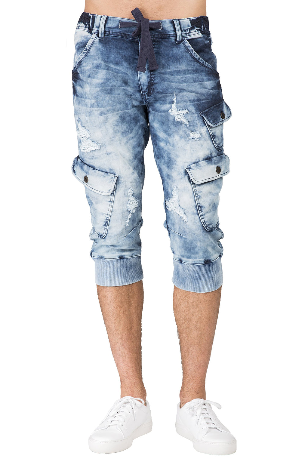 Level 7 Mens Cargo Pocket Premium Knit Denim Jogger Capri Shorts Distressed Cloud Bleach 18 Inch Inseam
