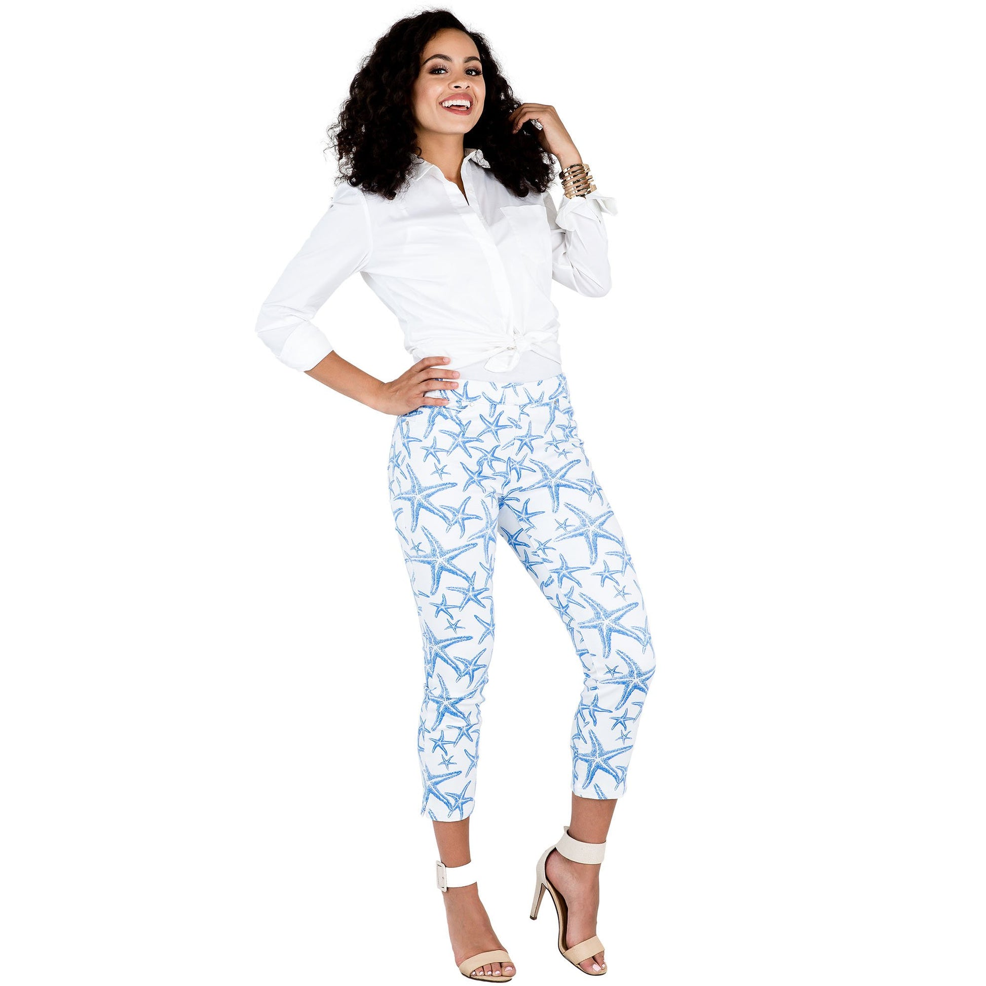 Miss Halladay Women's White Stretch Twill Slim Capri Jegging Beachy Star Printed