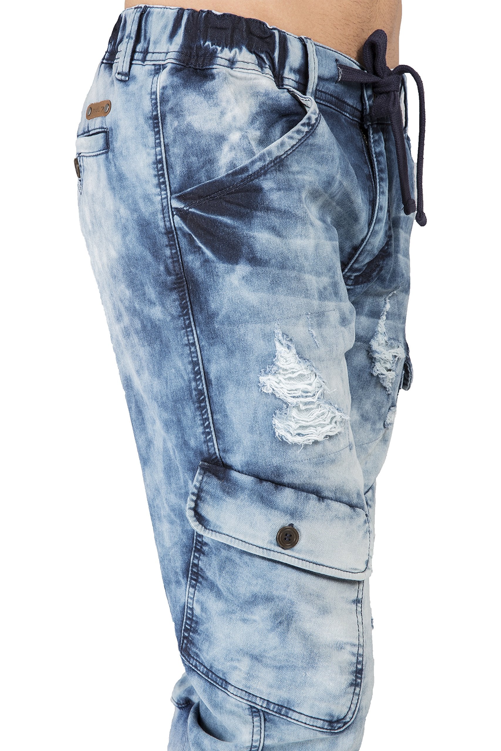 Level 7 Mens Cargo Pocket Premium Knit Denim Jogger Capri Shorts Distressed Cloud Bleach 18 Inch Inseam
