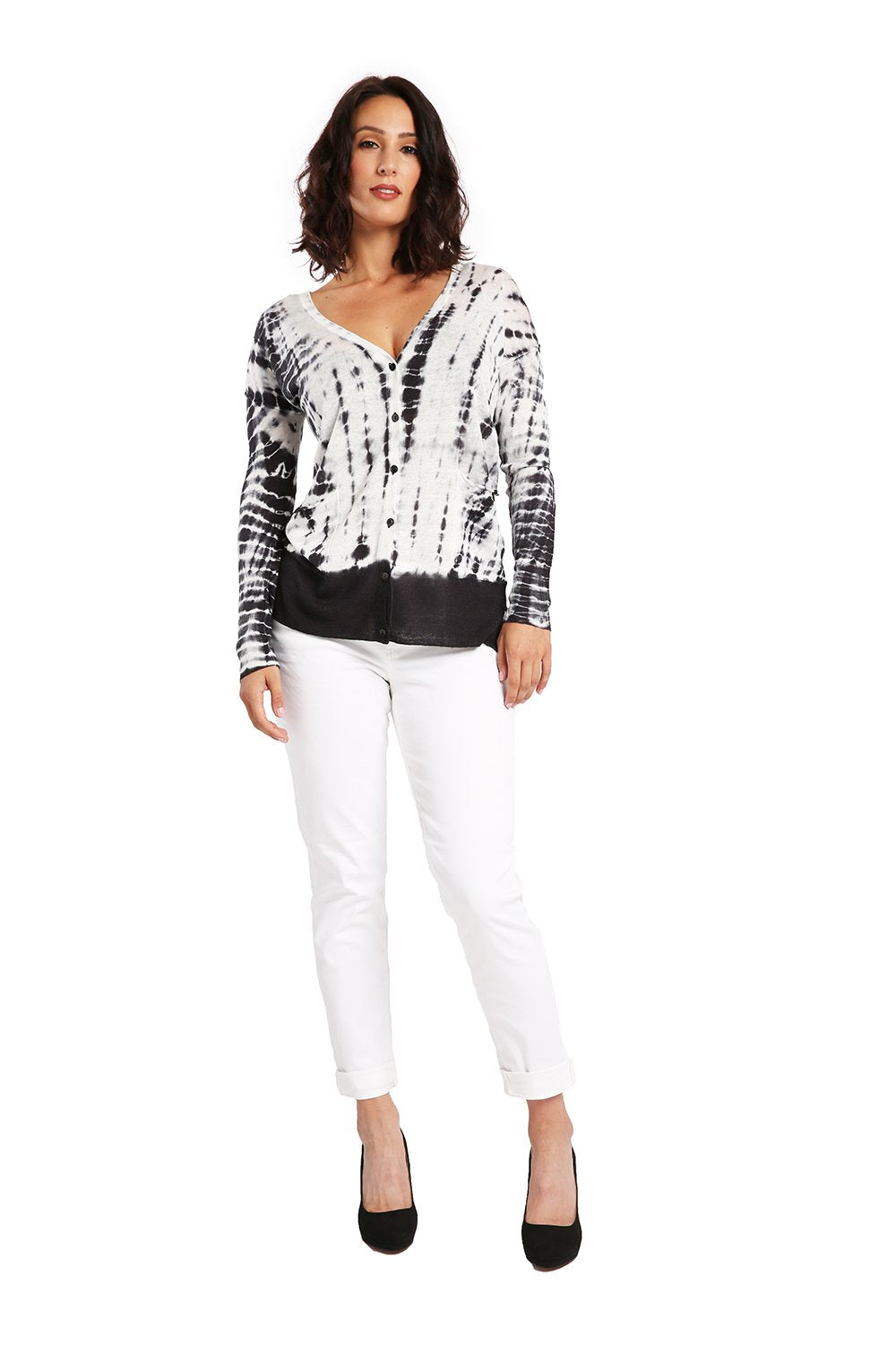 Miss Halladay Women's Hacci Knit Tie Dye Button Up Cardigan Front Pocketes