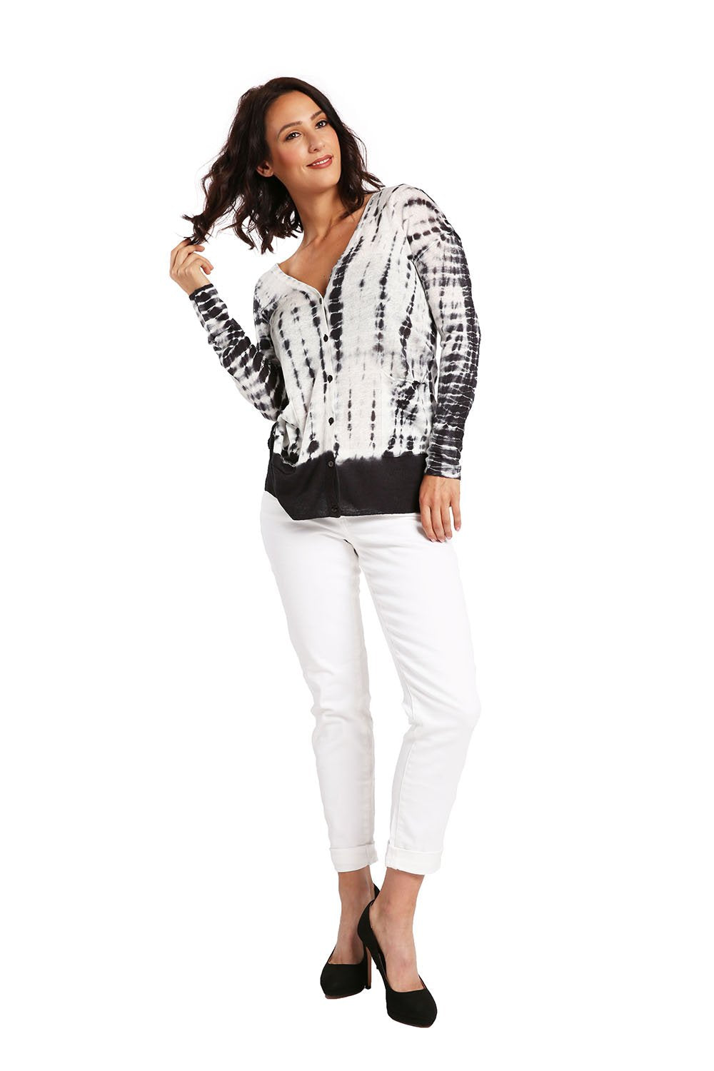 Miss Halladay Women's Hacci Knit Tie Dye Button Up Cardigan Front Pocketes