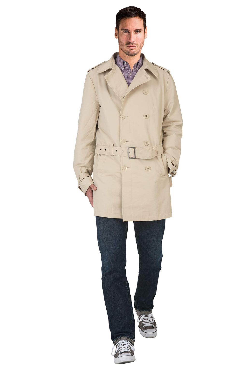 VIBES Men's Double Breasted Belted Trench Coat