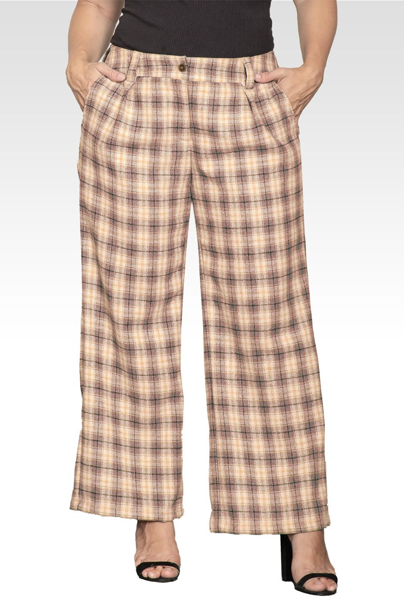 Plus Size Wide Leg Plaid Pants-Brown Plaid