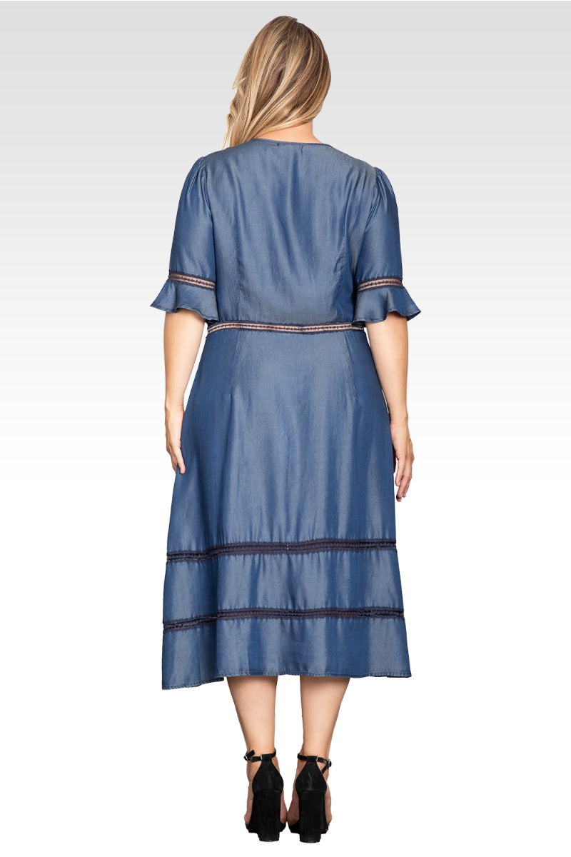 Elara Women's Plus Size Lace Detailing Trim Tencel Denim Dress