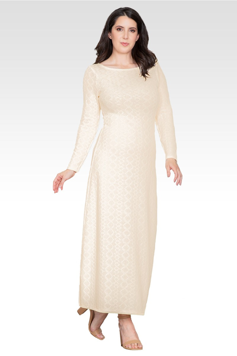 Nyla Women's Ivory Knit Boat Neck Crochet Maxi Dress