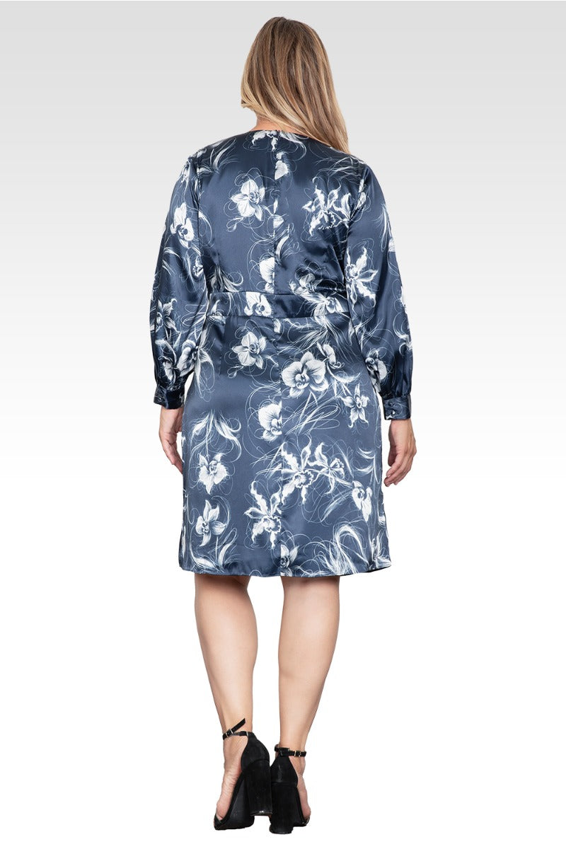 Fiona Women's Plus Size Floral Print Faux Wrap Satin Midi Dress