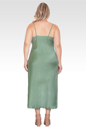 Plus Size Cowl Neck Spaghetti Strap Satin Slip Dress - Bay Leaf