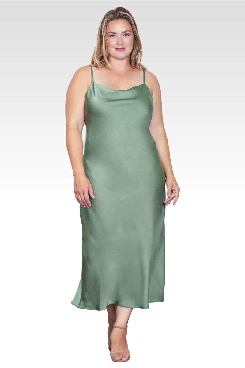 Plus Size Cowl Neck Spaghetti Strap Satin Slip Dress - Bay Leaf