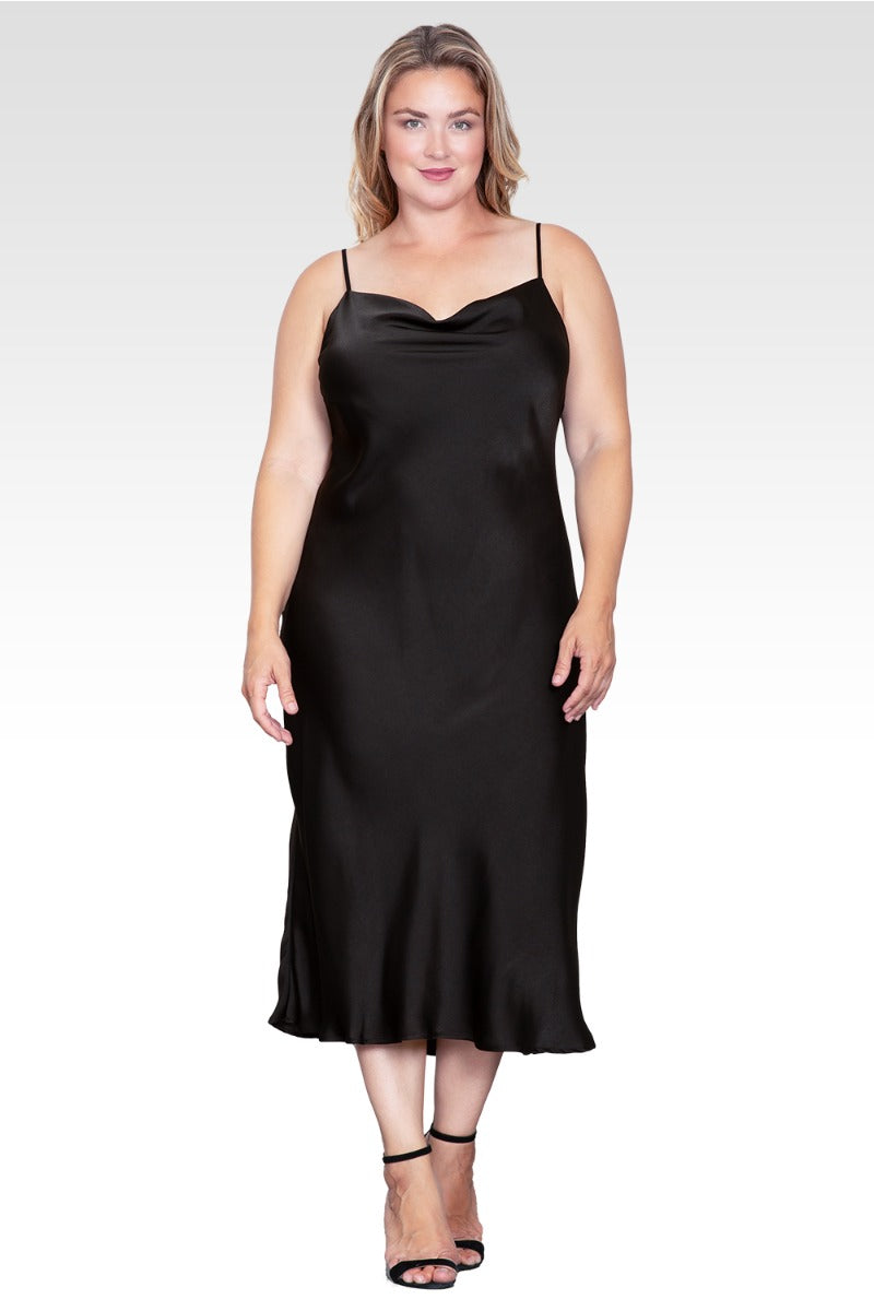 Plus Size Cowl Neck Spaghetti Strap Satin Slip Dress - Black