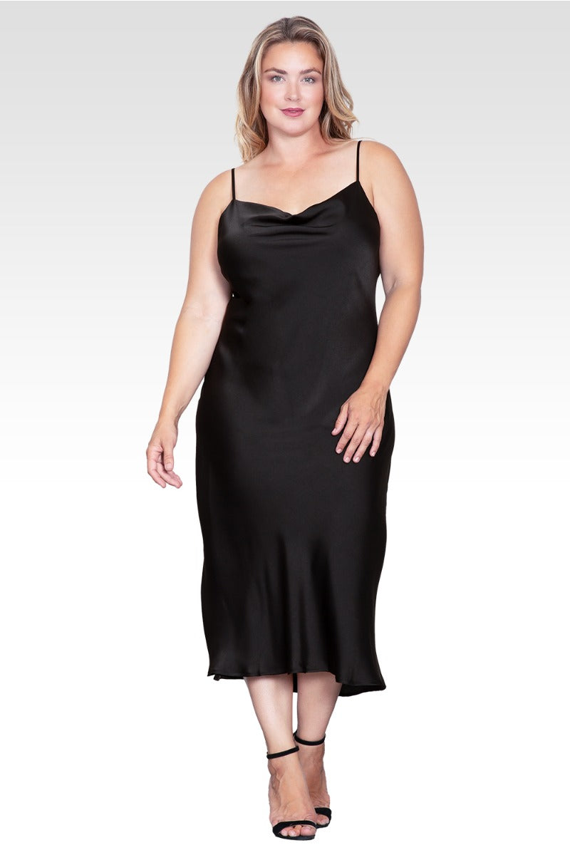 Plus Size Cowl Neck Spaghetti Strap Satin Slip Dress - Black